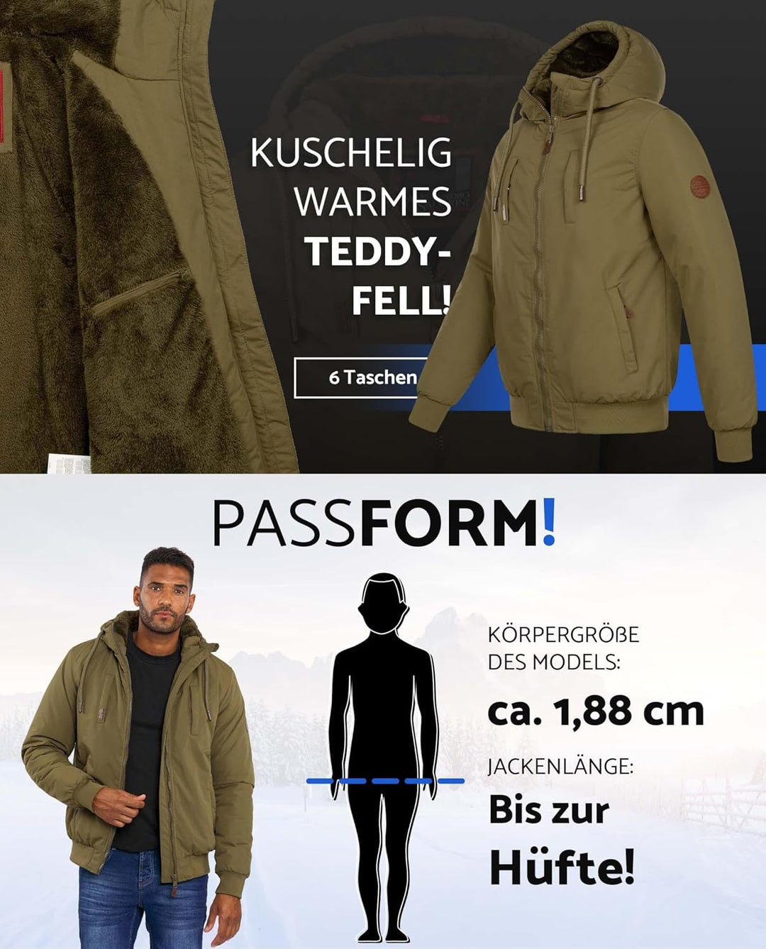 ALESSANDRO SALVARINI Herren Winterjacke (S-3XL) mit Kapuze - Teddyfleece innen komplett, Winddicht,