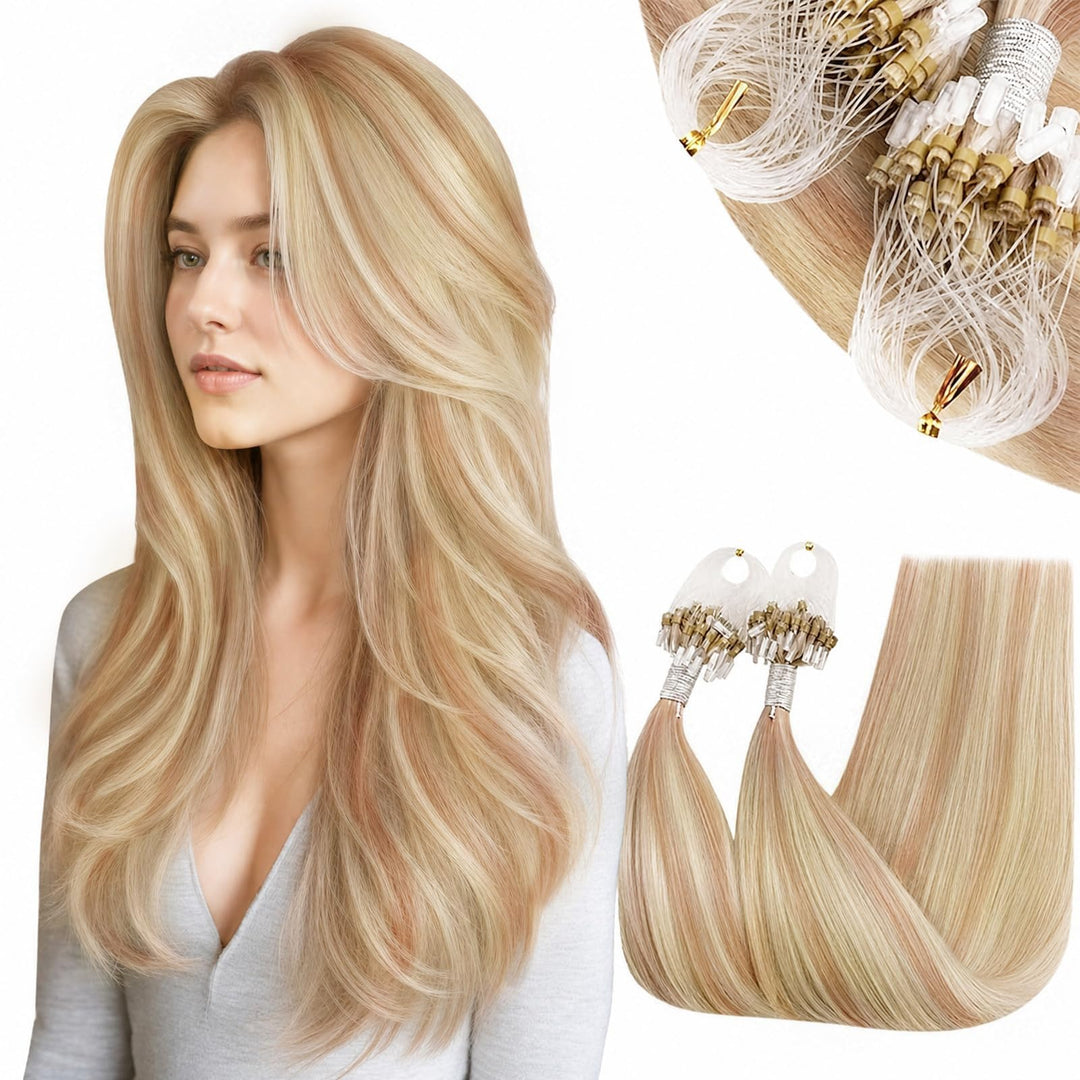 RUNATURE Microring Extensions Echthaar Blond Highlights 30cm 50s Extensions Echthaar Microring Aschb