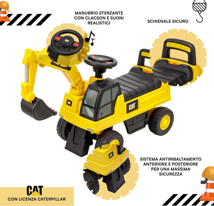Trägerbagger für Kinder von 1 bis 3 Jahren, mit Caterpillar-Lizenz, Rutschfarhzeug mit Hupe, drehbar