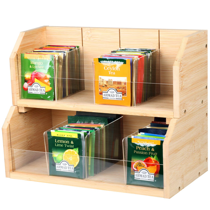 Teebox aus Bambus mit 8 Staufächern für 140 Teebeutel,2 Tier Vertikaler Tee Organizer,Teeboxen für T