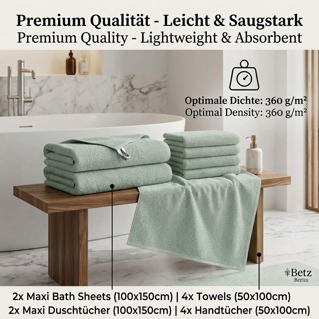 Betz Berlin 6er Set 2X Maxi Duschtuch 100 x 150 cm 4X Handtuch 50 x 100 cm 100% Baumwolle Farbe Jade