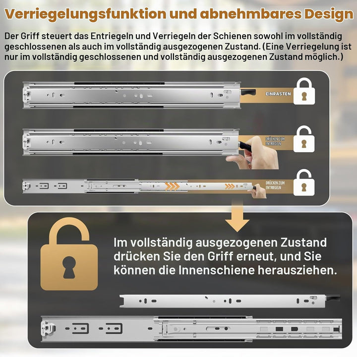 AOLSHENG schubladenschiene vollauszug 700 mm,Schwere schubladenführungen mit Schloss 50 kg Ladekapaz