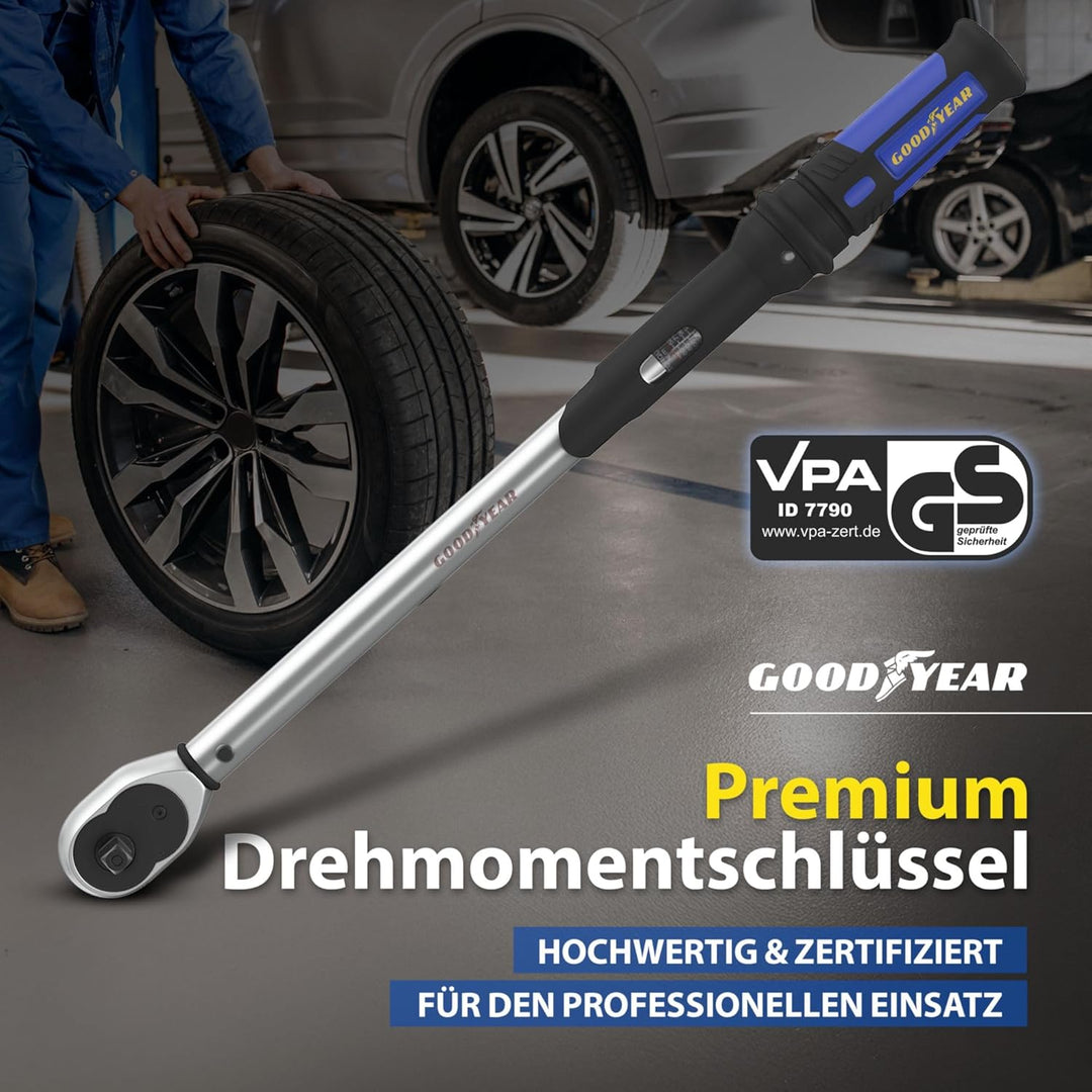 Goodyear Premium Drehmomentschlüssel, Einstellbar von 42 bis 210 Nm, Antrieb 1/2" Vierkant, inkl. Ve