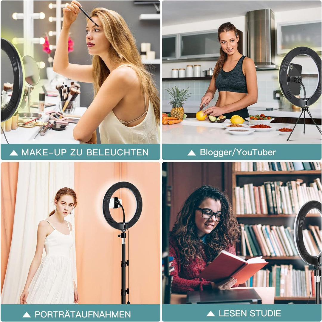 LED Ringlicht mit Stativ Handy, 10" Selfie Ringleuchte mit Fernbedienung und Doppel Handyhalter mit