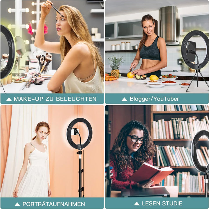 LED Ringlicht mit Stativ Handy, 10" Selfie Ringleuchte mit Fernbedienung und Doppel Handyhalter mit