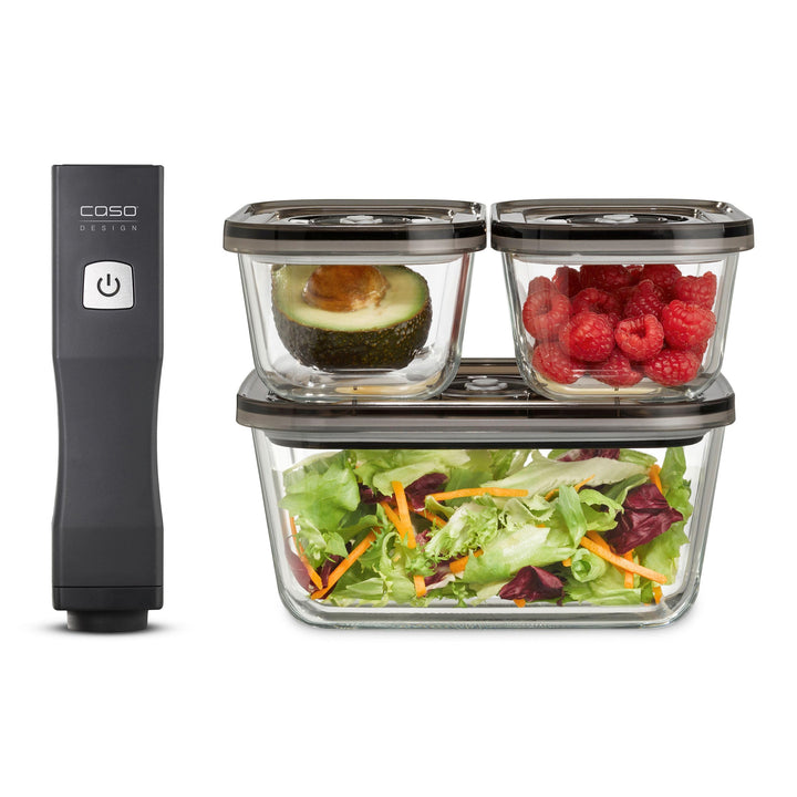 CASO Vacu OneTouch Eco-Set, Handvakuumierer inkl. 3 Vakuumbehälter aus Glas, 10 ZIP-Beutel und Food
