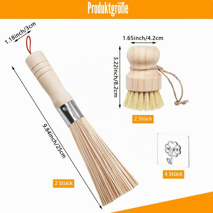 4 STK Wok Bürste Bambus Set, Pilzbürste, Bambus Wok mit Schnur Bürste für Reinigung von Töpfen, Pfan