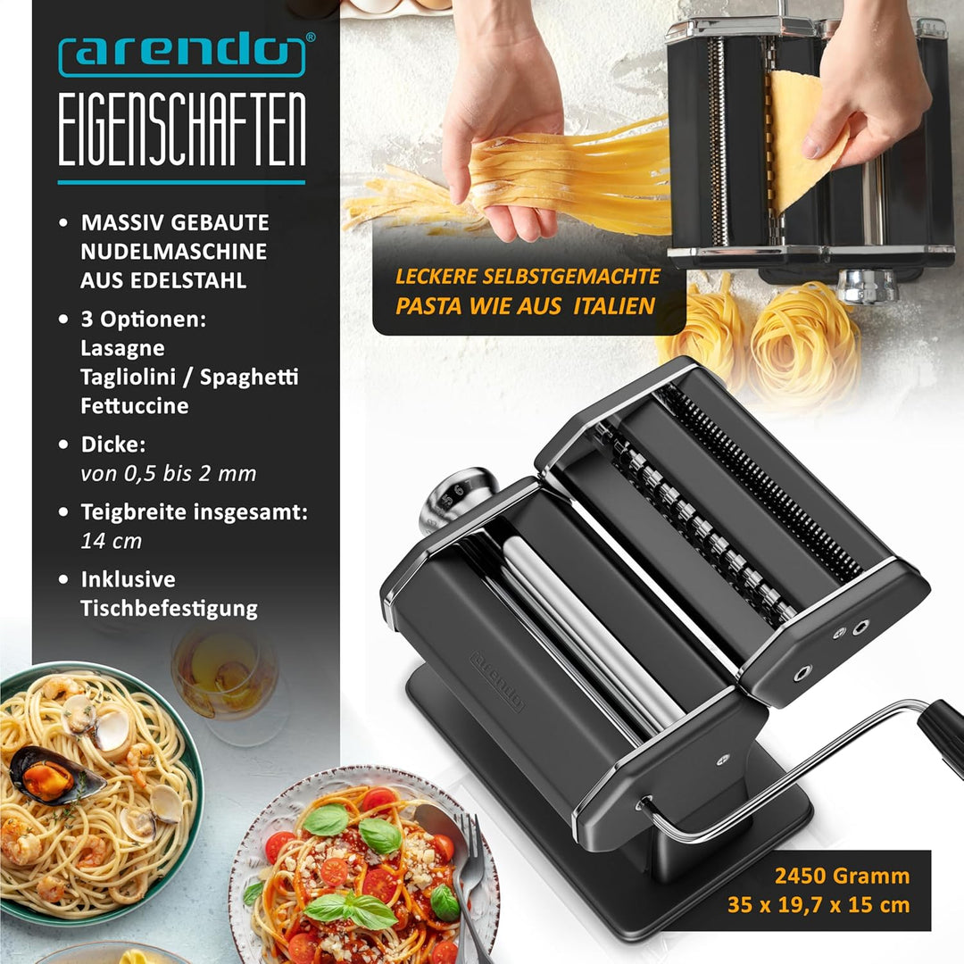 Arendo - Nudelmaschine Pasta Maker – Edelstahl – Nudelpresse – 7 einstellbare Stärken - manuell - Du