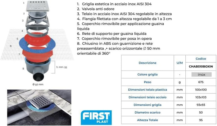 First Plast chabs10boxin Schachtdeckel sifonato aus ABS mit Grill Edelstahl 100x100 mm Grau, 100x100