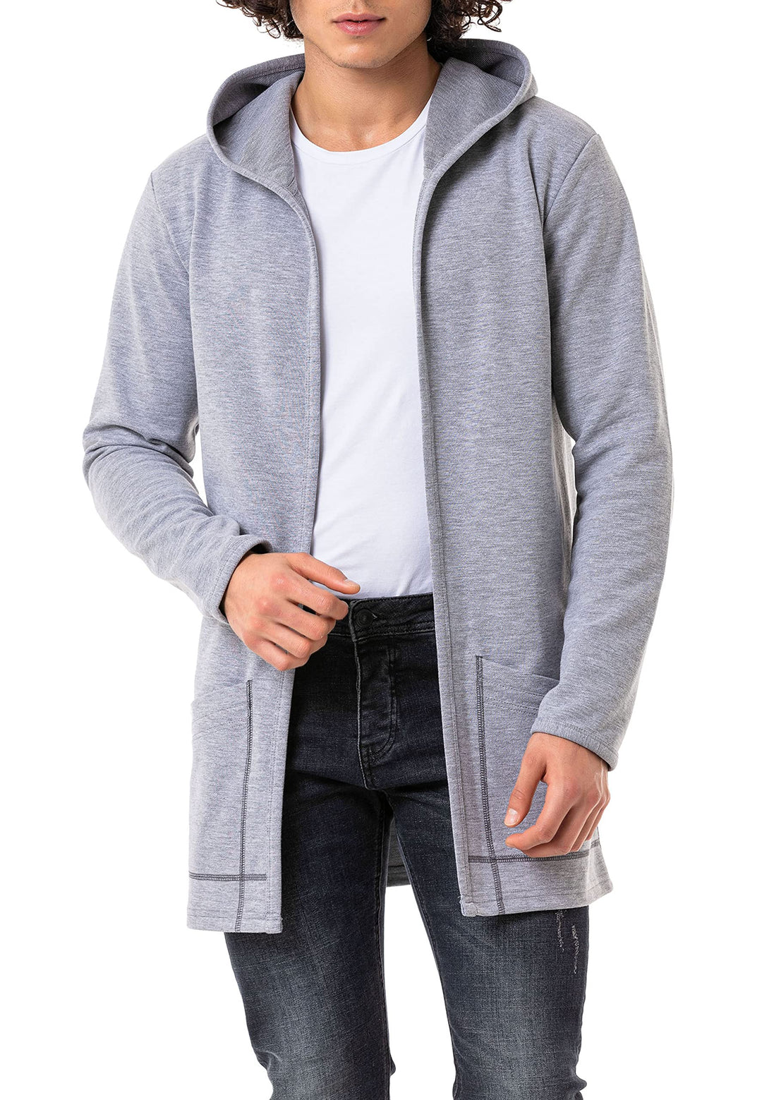 Red Bridge Herren Cardigan Sweater-Jacke Long Cut mit Kapuze M Grau, M Grau