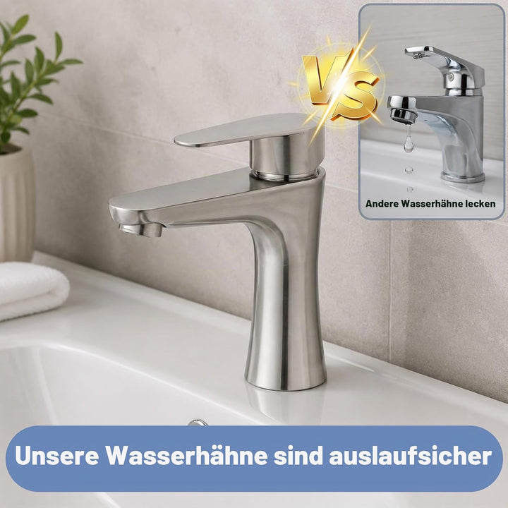 Wasserhahn Bad, Kaltwasserhahn Edelstahl Kaltwasserarmatur, mit 80cm Anschlussschlauch, Waschbeckena