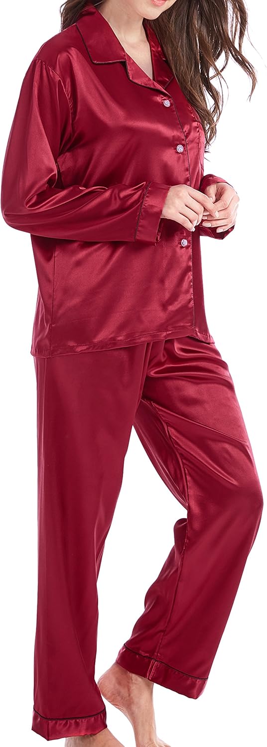 Damen Schlafanzug Pyjama Satin Lang Nachtwäsche Set Klassische Loungewear S Burgunder mit Schwarzer
