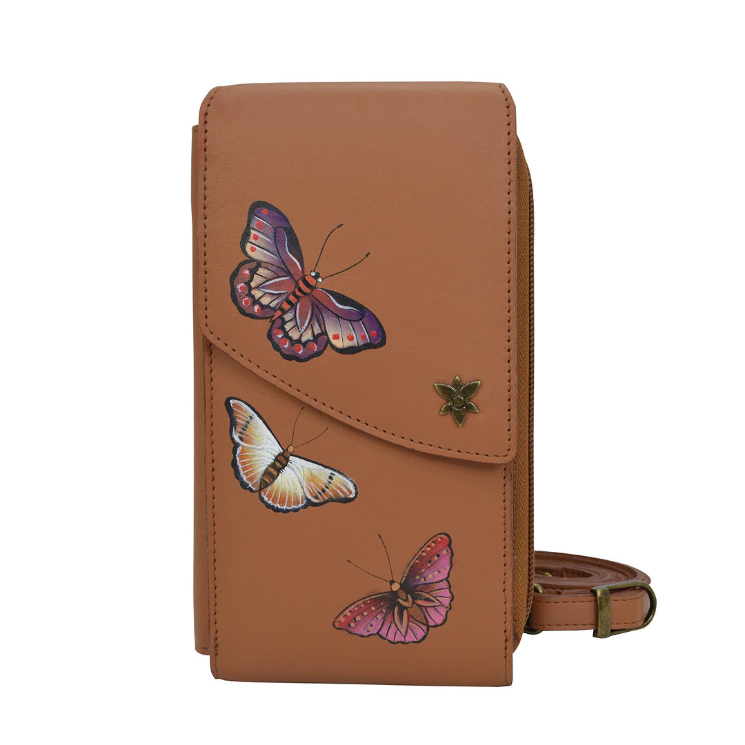 Anuschka Anna by Women's Crossbody Handytasche aus echtem Leder | Handbemalte Handwerkskunst Butterf