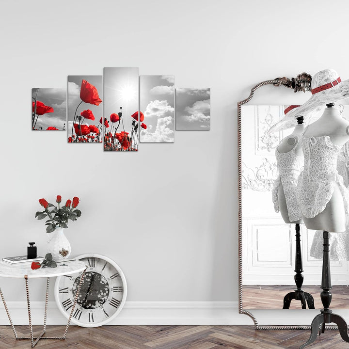 Runa Art Wandbilder Blumen Mohnblume 5 Teilig Bild auf Vlies Leinwand Deko Wohnzimmer Feld Grau Rot