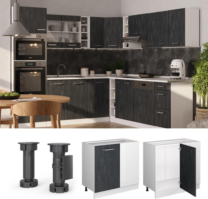 Vicco Eckunterschrank R-Line, Schwarz Beton/Weiss, 86 cm ohne Arbeitsplatte Schwarz Beton Eckuntersc