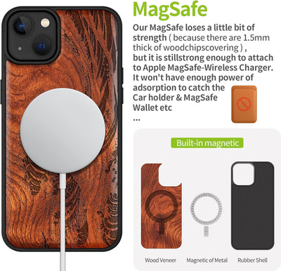 Carveit Handyhülle für iPhone 14 Plus Cover Kompatibel mit Magsafe [Holz und TPU Silikon Hybrid hüll