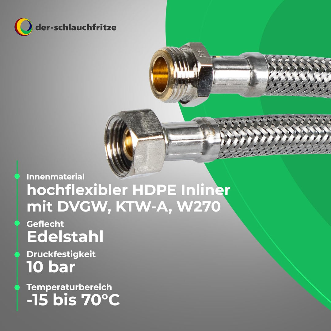H2O-Flex® Panzerschlauch 3/8"ÜM x 3/8"AG, Flexschlauch DN8 für Sanitär mit Trinkwasserzulassung, 15c