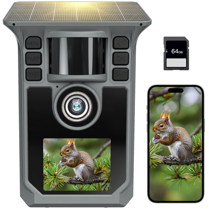 Wildkamera mit Handyübertragung APP, 4K 64MP Solar WLAN Bluetooth Eingebaute 5000mAh, 64GB Speicherk