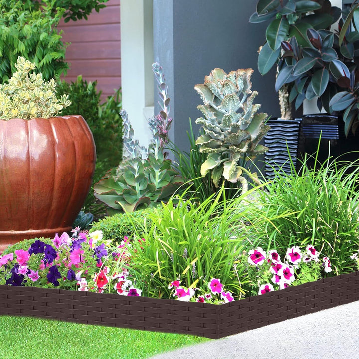 Aufun 10m Rattan Rasenkante Beeteinfassung Kunststoff mit 10 Elemente á 100 cm, Rattan-Optik Design