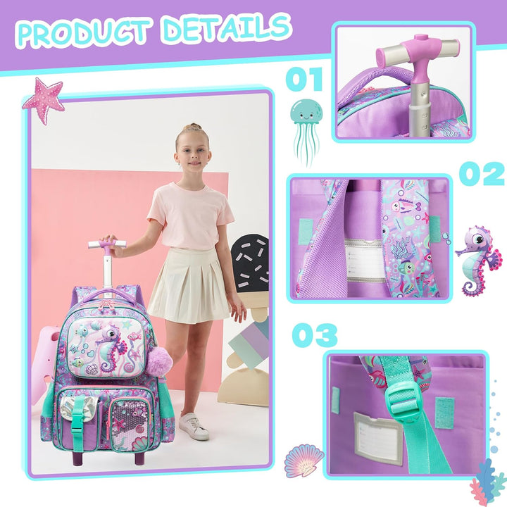 HTgroce Schulranzen Trolley Mädchen Meerjungfrau Rolling Backpack for Girls Einhorn Rucksack Mit Rol