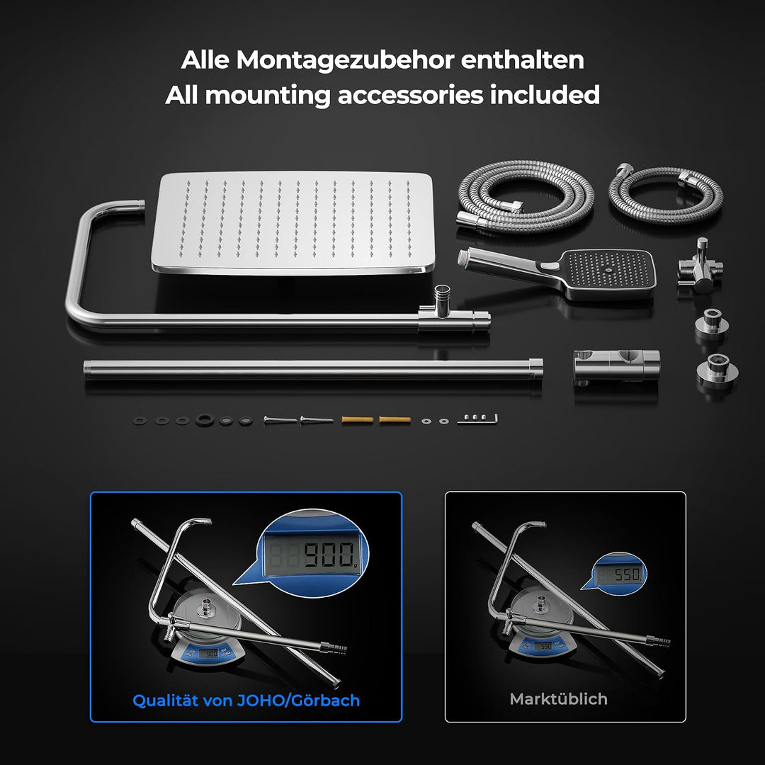 JOHO Edelstahl Duschsystem mit Regendusche ohne Armatur, 35x25 cm Chrom | Regenduschset mit Höhenver