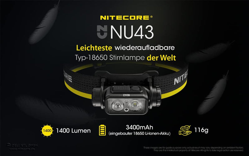 Nitecore Stirnlampe NU43, leicht, USB-C-aufladbare LED Kopflampe, 1400 Lumen, 130 m Leuchtweite, Rot