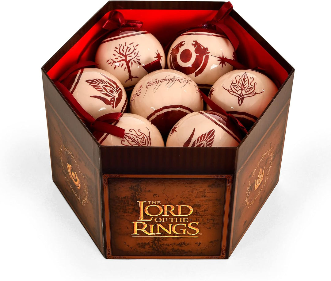 Elbenwald Herr der Ringe Weihnachtsbaumkugeln mit Mittelerde Motiven Krone und weisser Baum von Gond