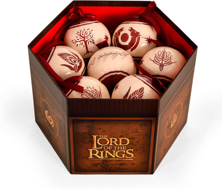 Elbenwald Herr der Ringe Weihnachtsbaumkugeln mit Mittelerde Motiven Krone und weisser Baum von Gond