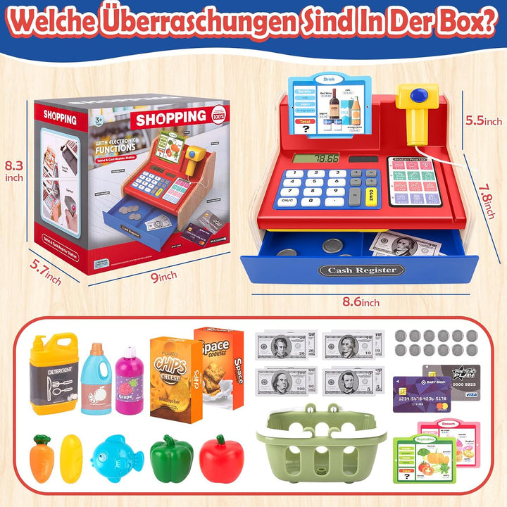 JONRRYIN Holz Kasse Kinder Spielzeug, Spielkasse Kinderkasse mit Scanner &amp; Sound, Spielgeld Einkaufs