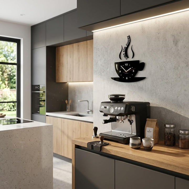 FLEXISTYLE Tasse Zeit für Kaffee Moderne Küche Wanduhr, schwarz, 3D römisch, wanduhr deko, Schwarz