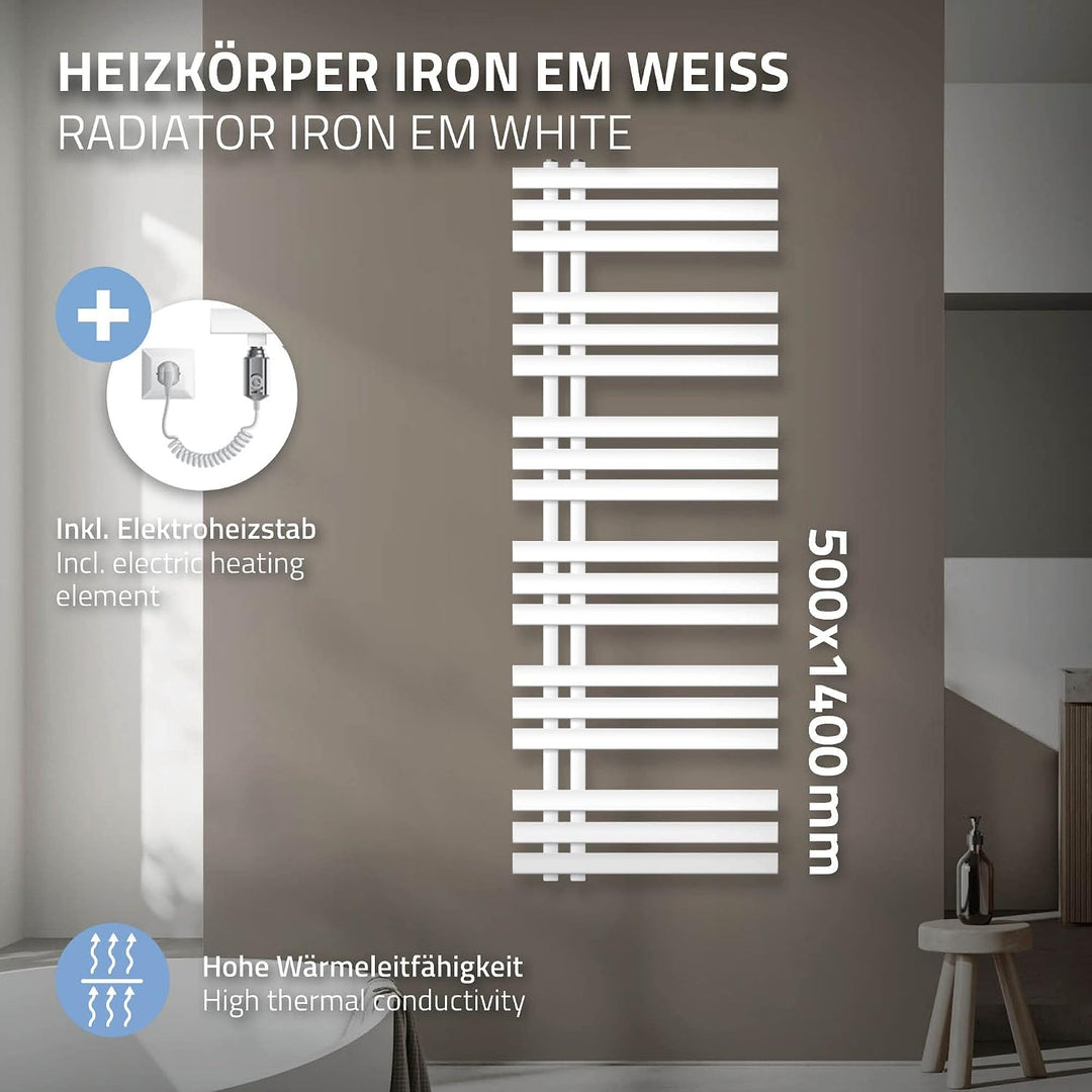 ECD Germany Iron EM Design Badheizkörper Elektrisch mit Heizstab 1200 W - 500 x 1400 mm - Weiss - De