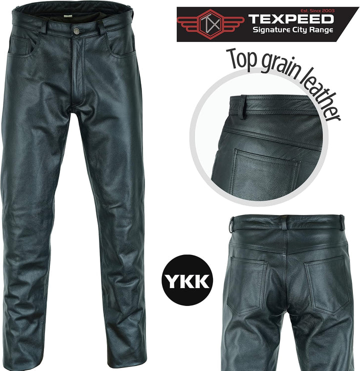 Lederjeans Herren Rindsleder Top-Grain Echtleder - Lässige Motorrad Biker Hosen Schwarz, S