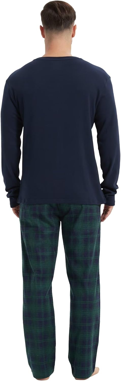GLOBAL Herren Schlafanzüge Flanell Herren Pyjama Set Baumwolle Langarm-Pullover Oberteil und elastis