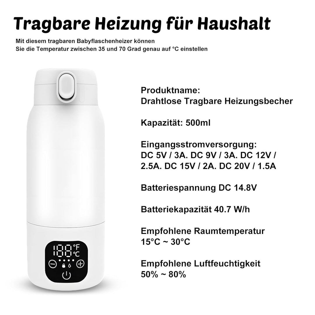 Tragbarer Flaschenwärmer Baby Unterwegs, Akku Thermoskanne 500ml, 35-70 °C Einstellbar, Mobiler Milc