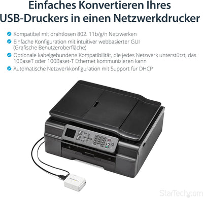 StarTech.com 1 Port USB WLAN 802.11 b/g/n Printserver mit 10/100 Mb/s Ethernet Anschluss - Wireless-