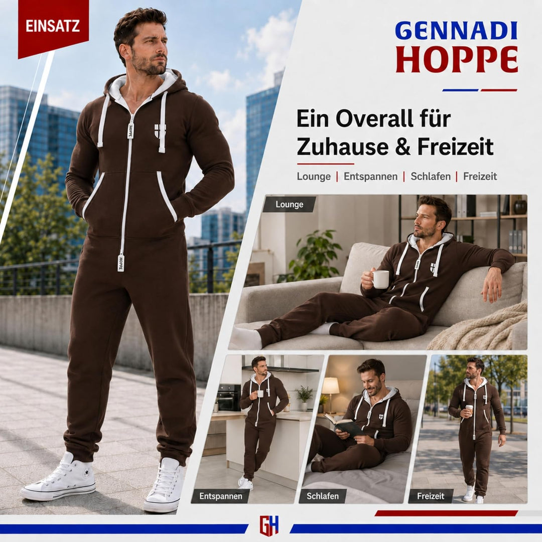 Gennadi Hoppe Herren Jumpsuit – Weicher &amp; Bequemer Hausanzug L braun (brown), L braun (brown)