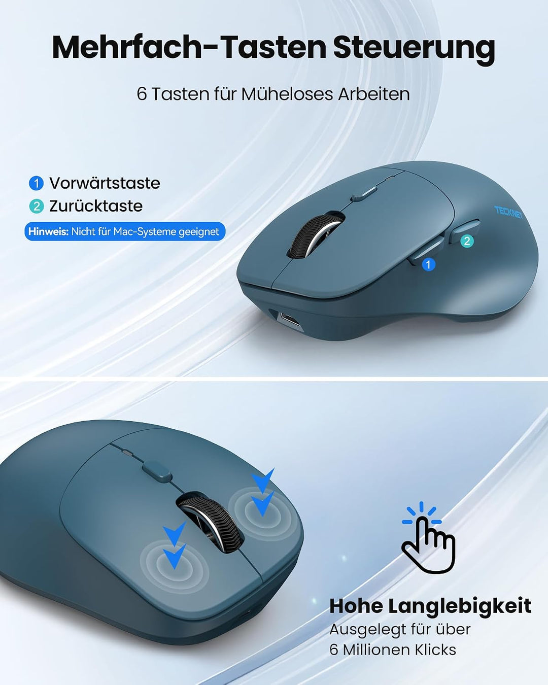 TECKNET Bluetooth Maus Wiederaufladbar, Ergonomische Daumenauflage Blau, Blau