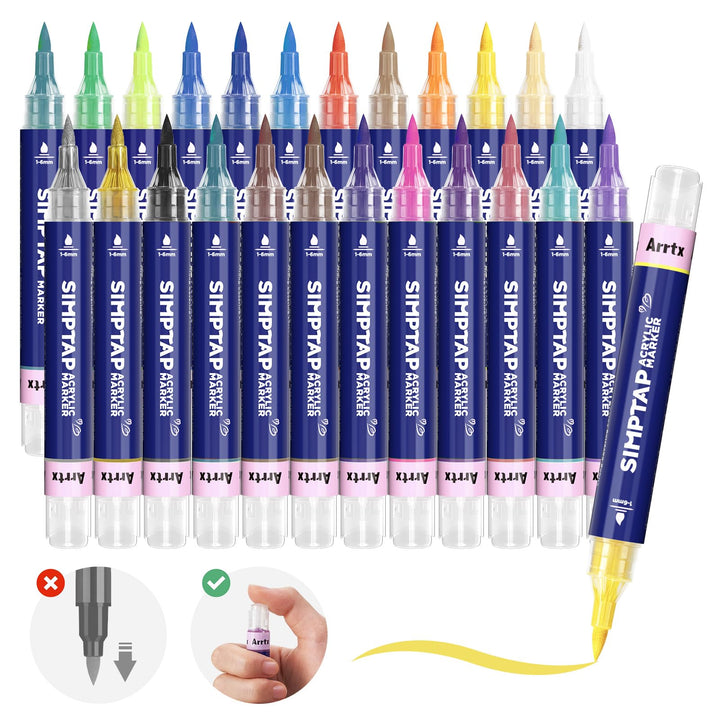 Arrtx Acrylstifte für Steine Bemalen, 24 Farben Simptap Top Valve Action Acrylmarker, Pinselspitze A