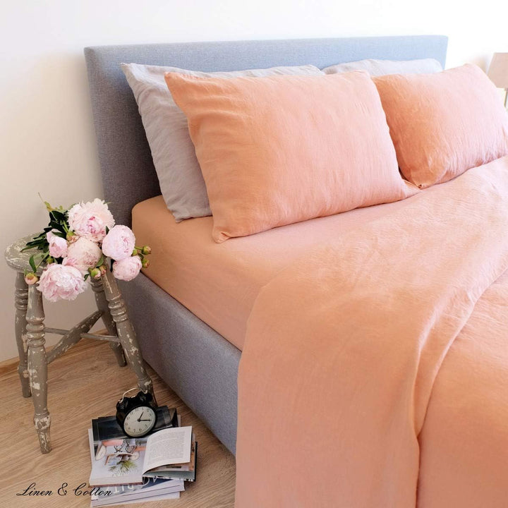 Linen &amp; Cotton Weicher Griff Bettwäsche Set Alicia - 100% Leinen Gewaschen, Coral Rosa (220 x 230 cm