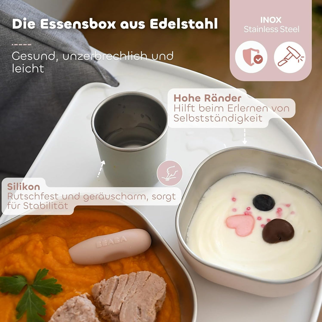 BÉABA Baby-Essensset Edelstahl 3-teilig – Glas + 2 Teller mit Silikonhülle, Mikrowellen- & Spülmasch