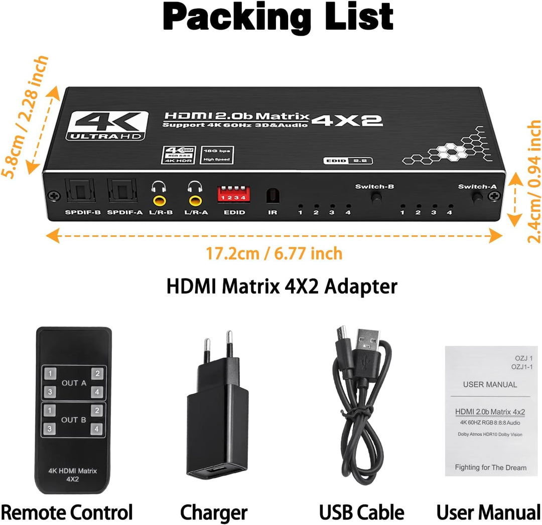 HDMI Matrix 4x2 - Tendak 4 In 2 Out HDMI Switch Matrix 4K@60Hz HDMI Splitter Umschalter + Optisch SP
