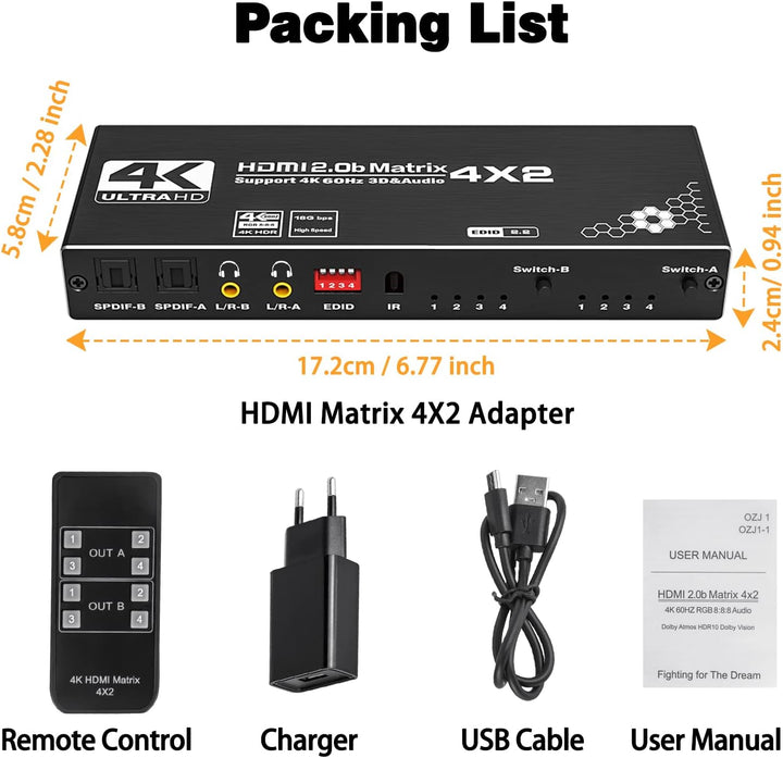 HDMI Matrix 4x2 - Tendak 4 In 2 Out HDMI Switch Matrix 4K@60Hz HDMI Splitter Umschalter + Optisch SP