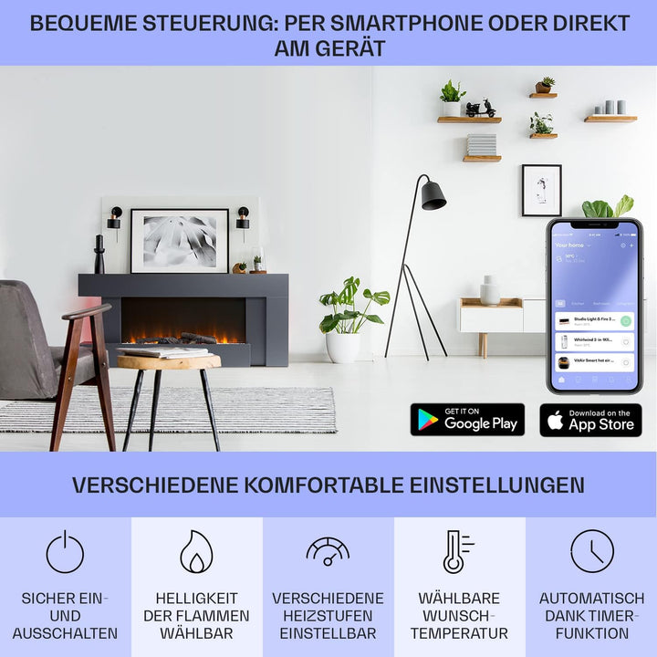 Klarstein Deko Kamin mit LED-Flammen, Elektro Kamin mit Heizung, 2000W Elektrisch, Sparsam, Wandkami