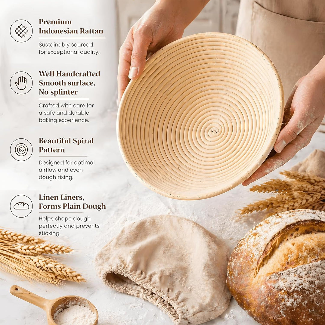 13-Teile Sauerteig Starter Set Mit Gärkörbchen Rund ø 25cm, 900ml Glas, Brotlamelle, Teigschaber, Ba