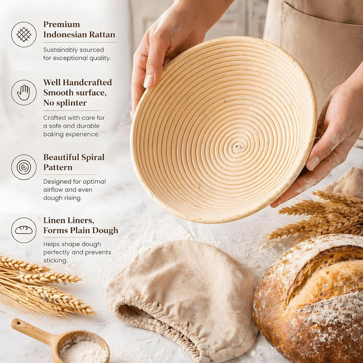 13-Teile Sauerteig Starter Set Mit Gärkörbchen Rund ø 25cm, 900ml Glas, Brotlamelle, Teigschaber, Ba