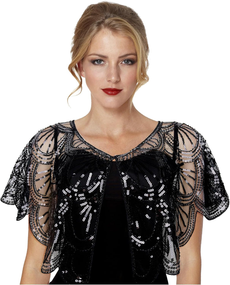 keland Damen Festlich Pailletten Umhang Schal Schultertuch Stola Tuch für Abendkleid Z-schwarz, Z-sc
