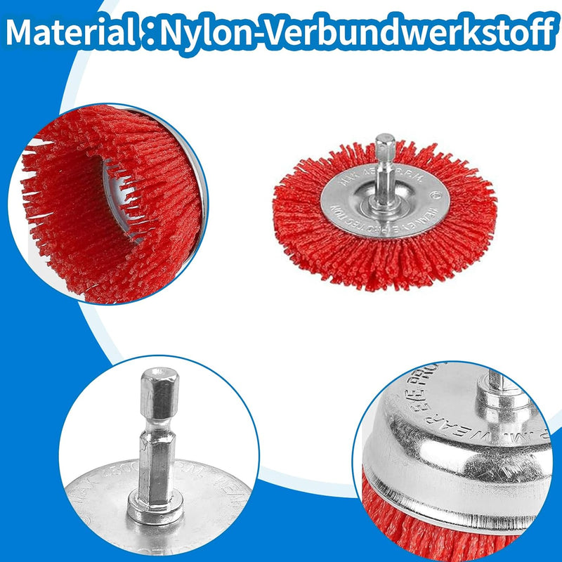 IUSOT Nylonbürste Bohrmaschine Set,9 Stück Nylonbürste,Schleifbürste mit 1/4 Zoll Sechskantschaft, P