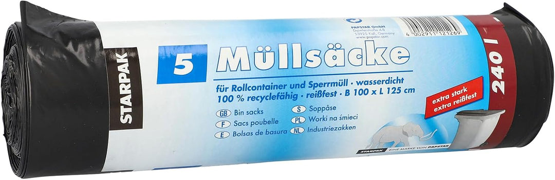 Papstar 1 Karton = 9x5 Müllsäcke, LDPE 240 l 125 cm x 100 cm schwarz 12126