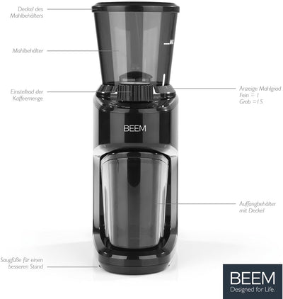 BEEM 3980 GRIND-INTENSE Elektrische Kaffeemühle - 160 g | Edelstahl-Kegelmahlwerk | 15-stufige Mahlg