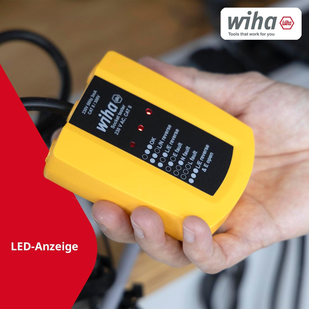 Wiha Steckdosentester 230 V AC, CAT II inkl. 2x AAA-Batterien I mit flexiblem Kabel I LED-Anzeige (4